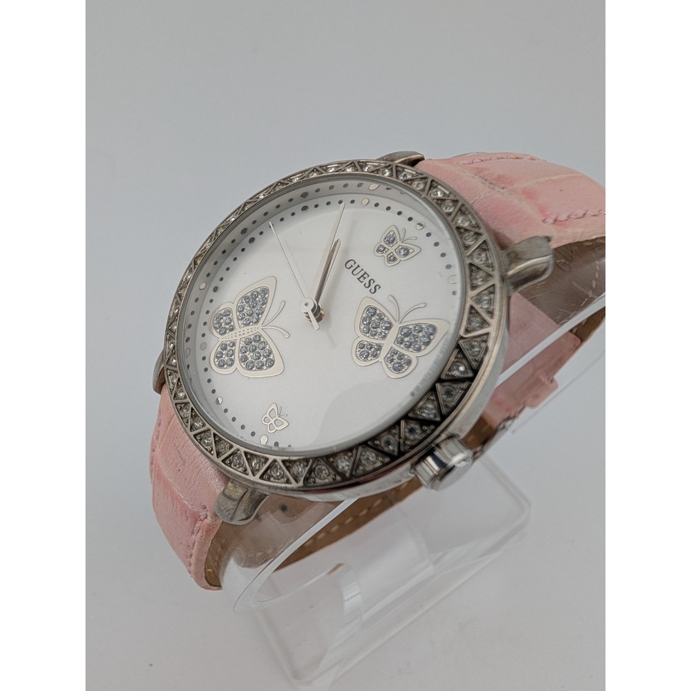 Guess Women's Watch Butterfly Dial Pave Bezel Pink Leather Band- New Battery - Picture 3 of 9